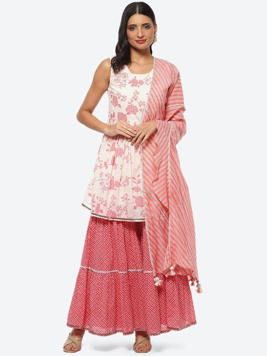 Biba Women Plus Size Floral Printed Sequinned Kurta With Sharara & With Dupatta