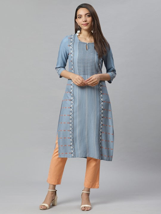 W Women Blue & Black Printed Straight Kurta