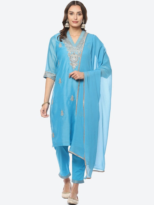 Biba Women Ethnic Motifs Embroidered Thread Work Kurta with Trousers & With Dupatta