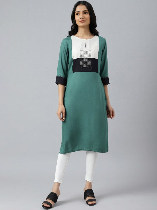 W Women Green Quirky Yoke Design Keyhole Neck Kurta