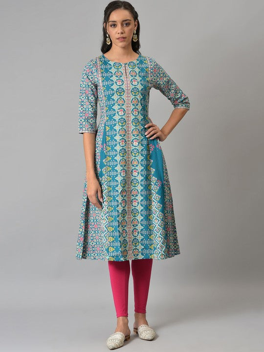 W Women Blue Ethnic Motifs Printed Anarkali Kurta