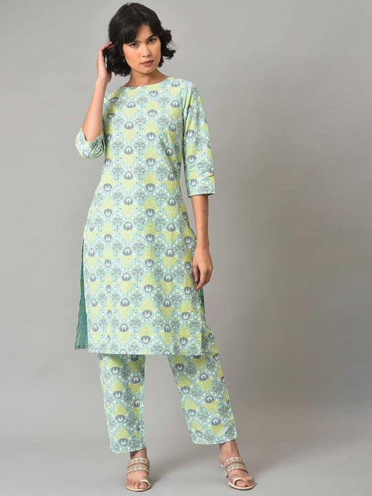 W Floral Print Cotton Co-Ord Kurta Set With Slim Pant