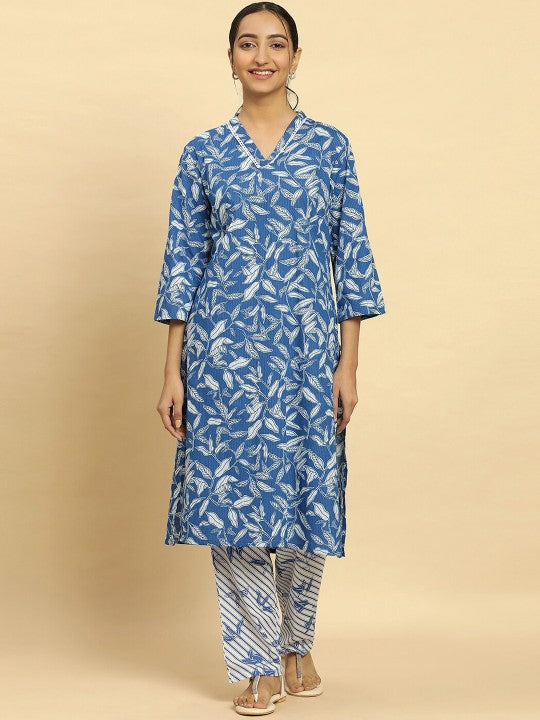 W Blue & Whit Floral Printed Thread Work Pure Cotton Straight Kurta With Trousers