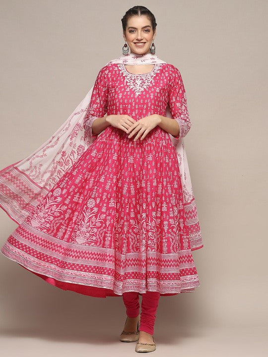 Biba Floral Printed Round Neck Pure Cotton Anarkali Kurta With Churidar & Dupatta