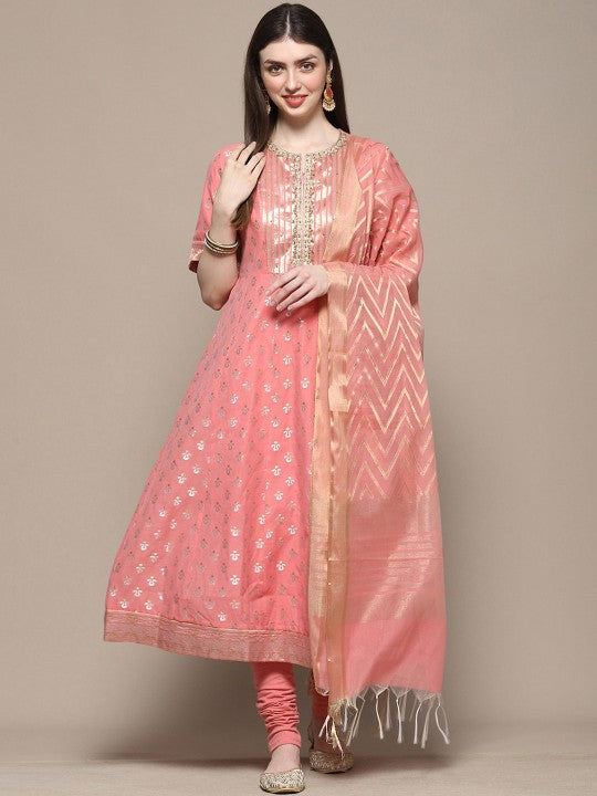 Biba Ethnic Motifs Woven Design Sequined Kurta with Churidar & Dupatta