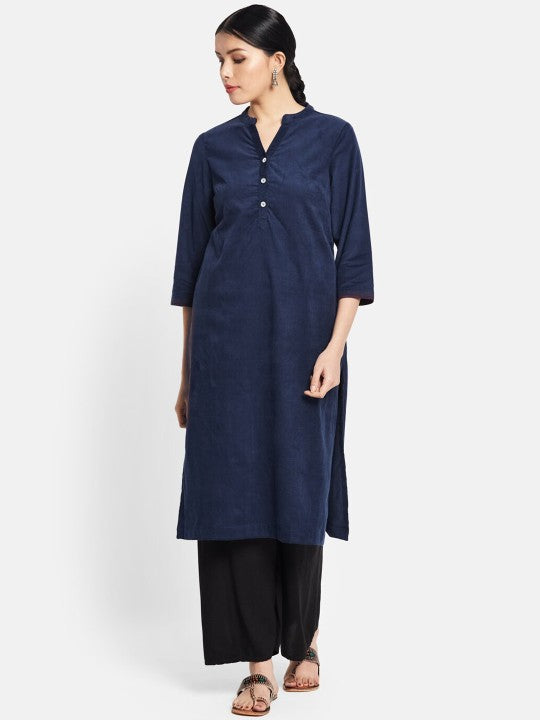 Fabindia Women Navy Blue Corduroy Kurta