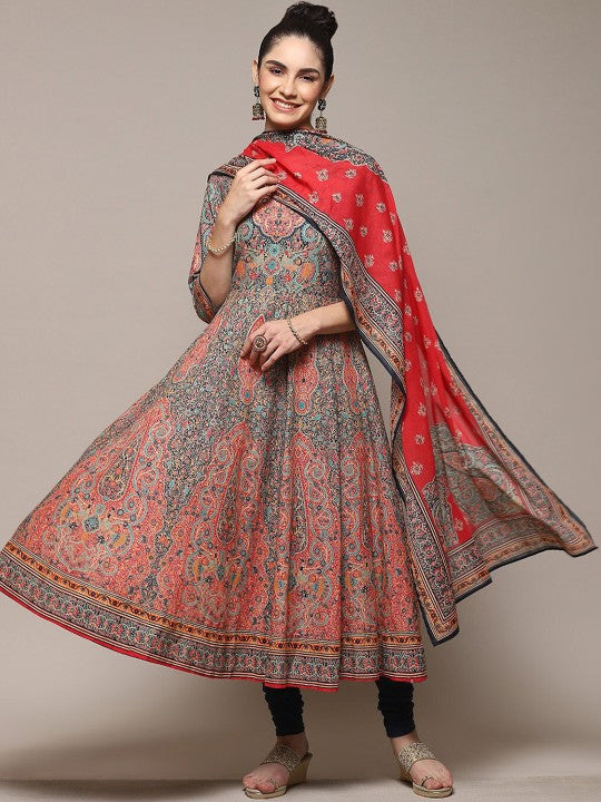 Biba Ethnic Motifs Printed Anarkali Kurta & Churidar With Dupatta