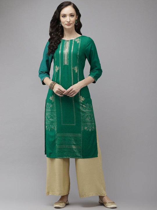 W Women Green & Golden Geometric Printed Keyhole Neck Straight Kurta