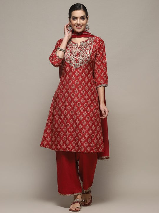 Biba Floral Printed Regular Kurta with Palazzos & Dupatta - Red