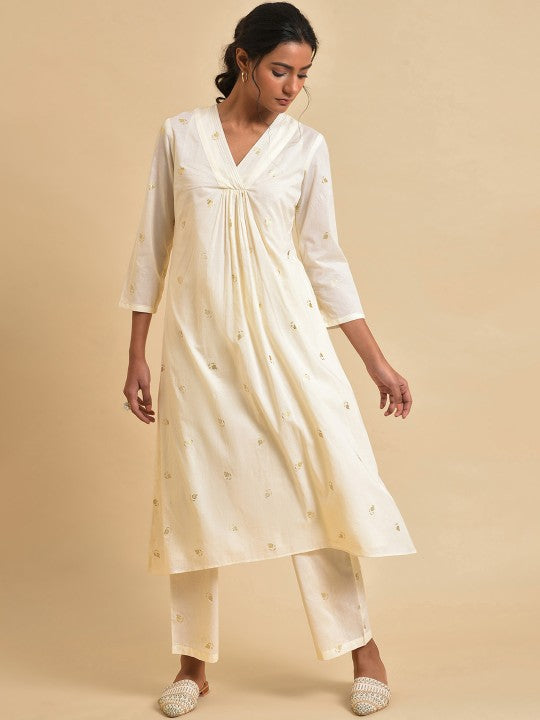 W Floral Printed Regular Pure Cotton Kurta with Trousers - White