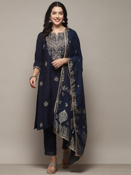 Biba Ethnic Motifs Embroidered Sequined Straight Kurta With Trousers & Dupatta