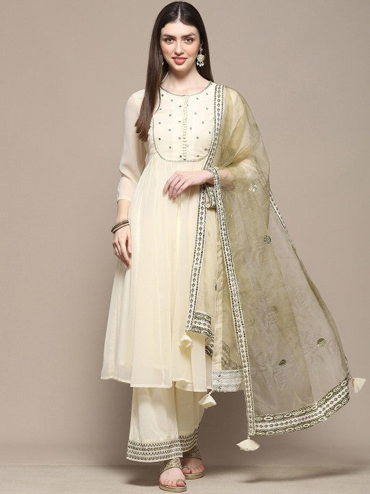 Biba Floral Embroidered Mirror Work Anarkali Kurta with Palazzo & Dupatta