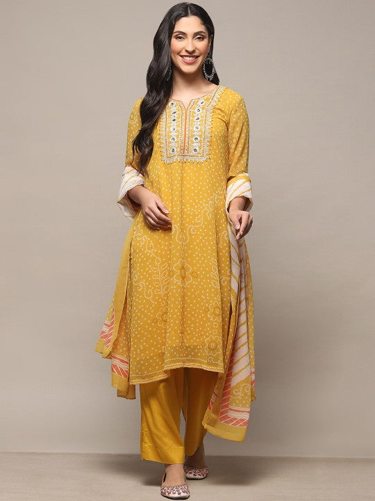 Biba Bandhani Printed Sequinned Kurta With Trouser & With Dupatta