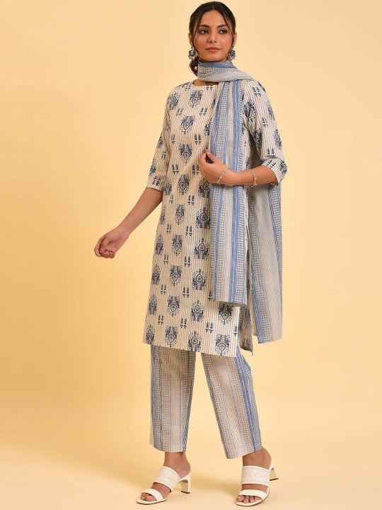 W Beige & Blue Floral Printed Pure Cotton Kurta with Trousers & Dupatta