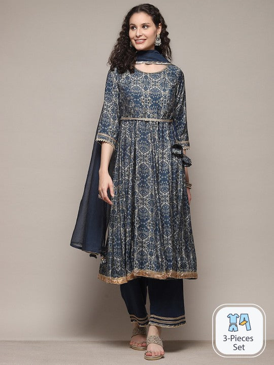 Biba Ethnic Motifs Printed Gotta Patti A-Line Kurta & Palazzos With Dupatta