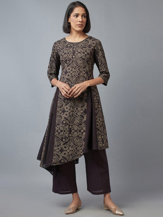 W Women Black Geometric Printed Anarkali Pure Cotton Kurta