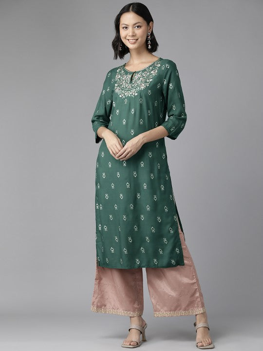 W Women Ethnic Motifs Print Embroidered Keyhole Neck Straight Kurta