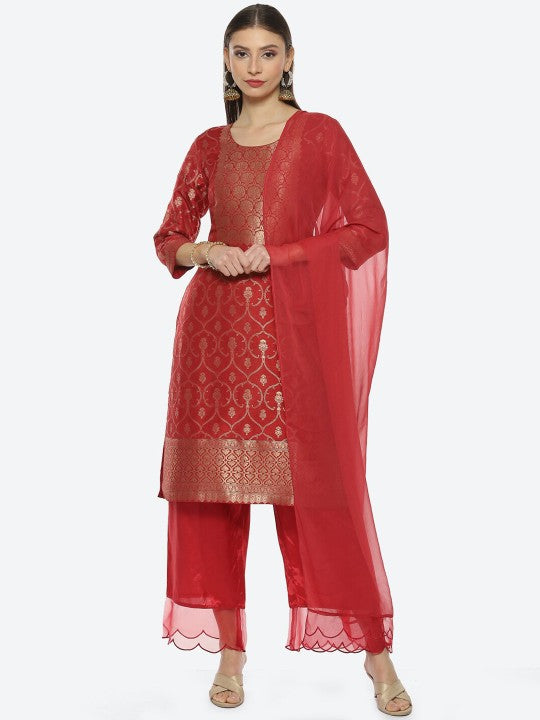 Biba Women Woven Design Kurta With Palazzos & Dupatta