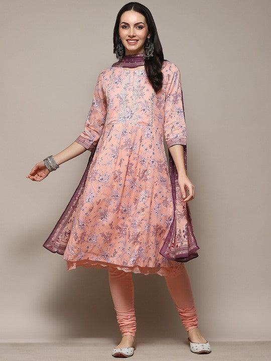 Biba Floral Printed Thread Work Detailed Pleated A-Line Kurta & Churidar with Dupatta Plus Size