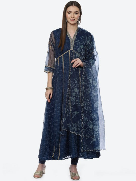 Biba Women Navy Blue Printed Kurta with Churidar & Dupatta