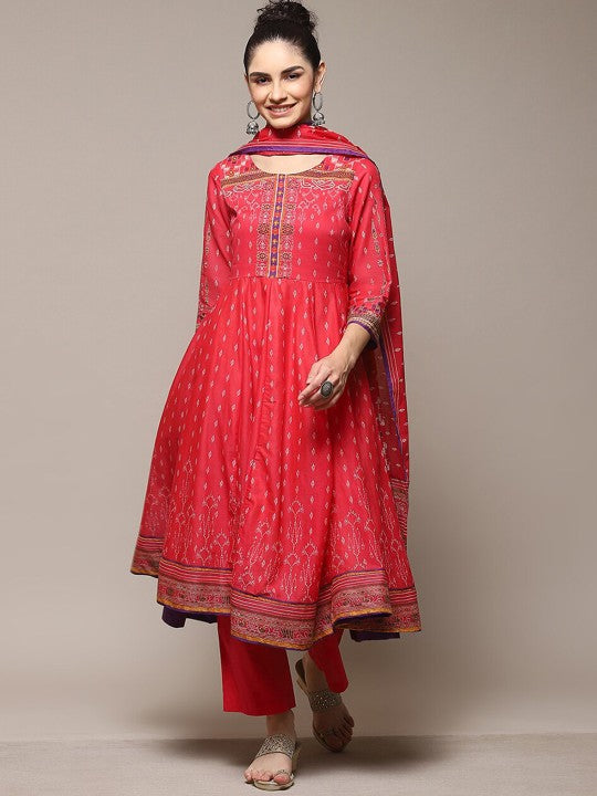 Biba Ethnic Motifs Printed Anarkali Kurta & Palazzos With Dupatta