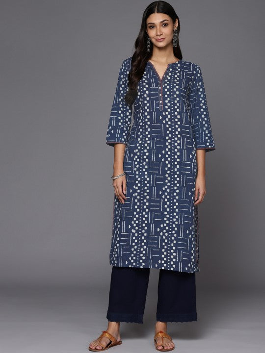 Fabindia Women Blue & White Geometric Printed Block Print Pure Cotton Kurta