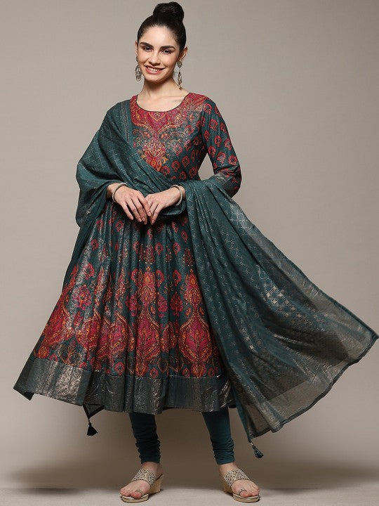 Biba Ethnic Motifs Printed Anarkali Kurta & Churidar With Dupatta - Green, Pink & Maroon