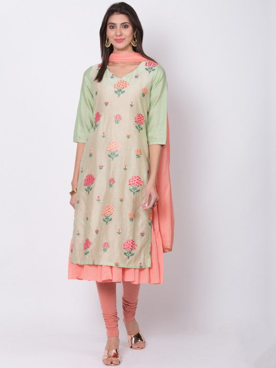 Biba Women Green & Peach-Coloured Embroidered Layered Kurta Set