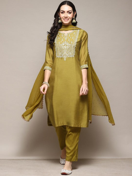 Biba Thread Work Detailed Straight Kurta & Trousers with Dupatta Plus Size