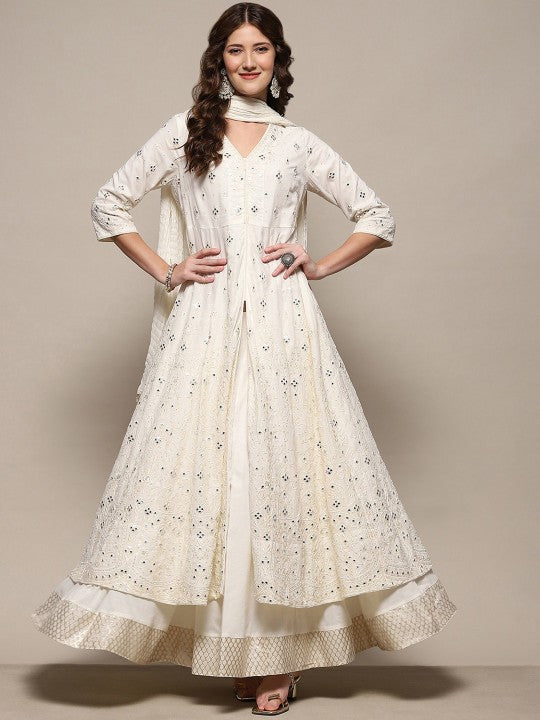 Biba Floral Embroidered Mirror Work Pure Cotton Empire Anarkali Kurta With Skirt & Dupatta