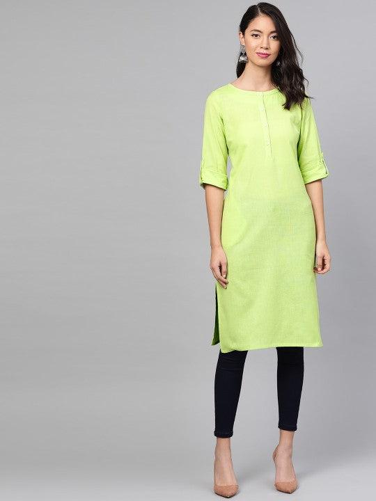 W Women Straight Cotton Kurta - Lime Green