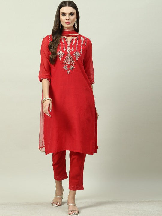 Biba Ethnic Motifs Embroidered Kurta with Trousers & Dupatta