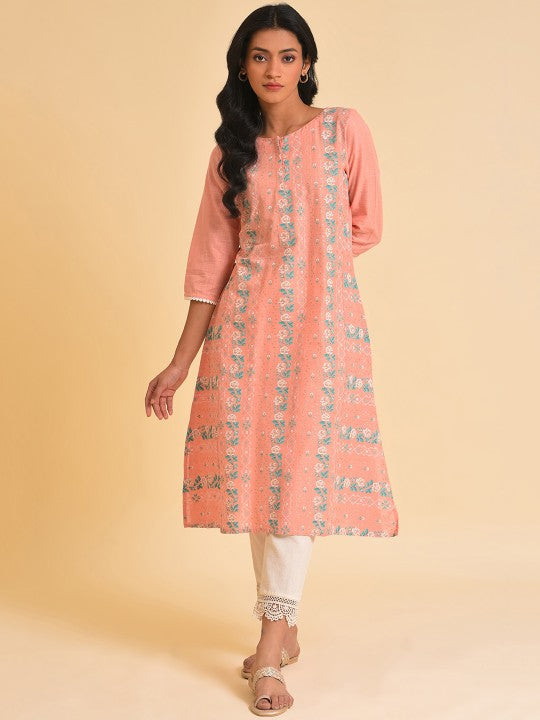 W Pink Floral Printed Pure Cotton Straight Kurta