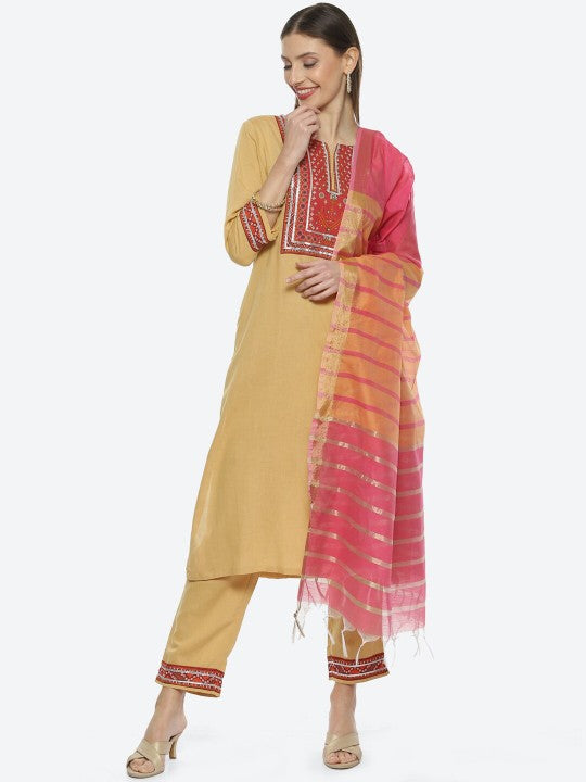 Biba Ethnic Motifs Printed Gotta Patti Kurta with Trousers & Dupatta