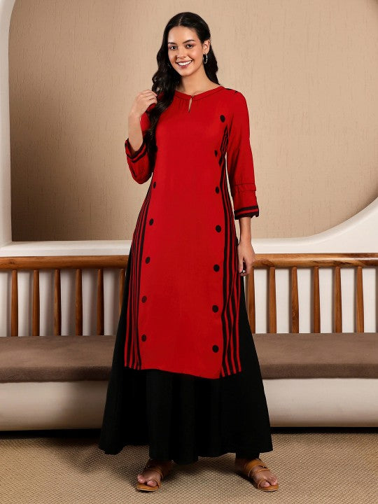 W Women Red & Black Printed Straight Sustainable Kurta
