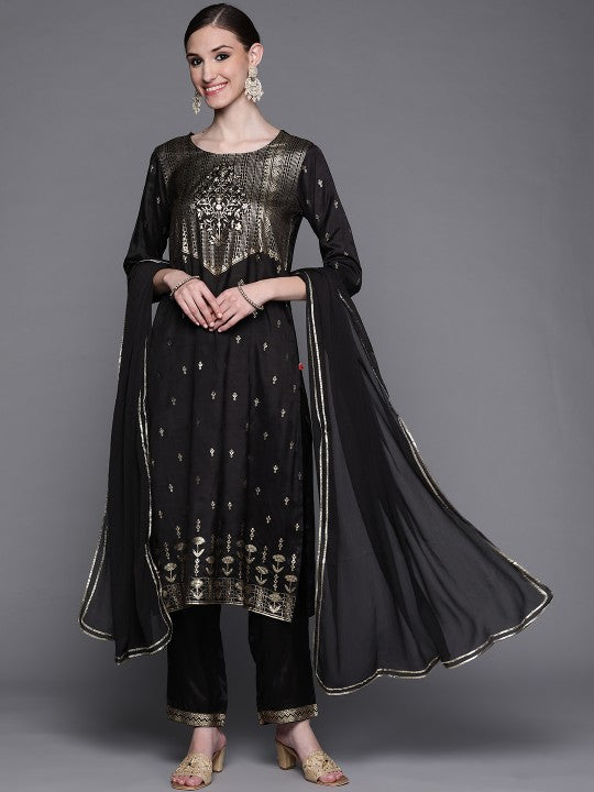 Biba Women Black Ethnic Motifs Printed Kurta with Trousers & With Dupatta