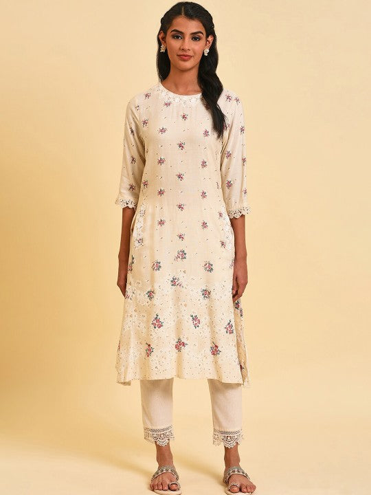 W Floral Printed A-Line Kurta - White & Red