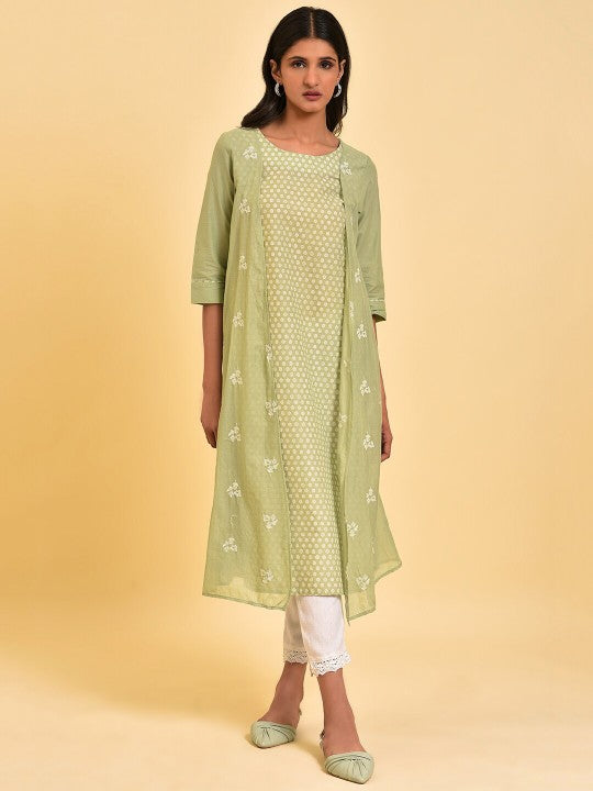 W Green Ethnic Motifs Printed Thread Work Pure Cotton Layered Kurta