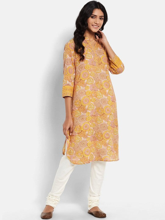 Fabindia Women Yellow Ethnic Motifs Printed Regular Fit Cotton Kurta