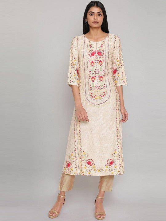 W Women Cream-Coloured & Pink Ethnic Motifs Printed Keyhole Neck Kurta