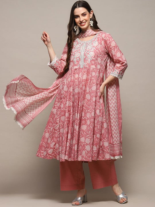 Biba Floral Printed Regular Mirror Work Pure Cotton Kurta With Palazzos & Dupatta