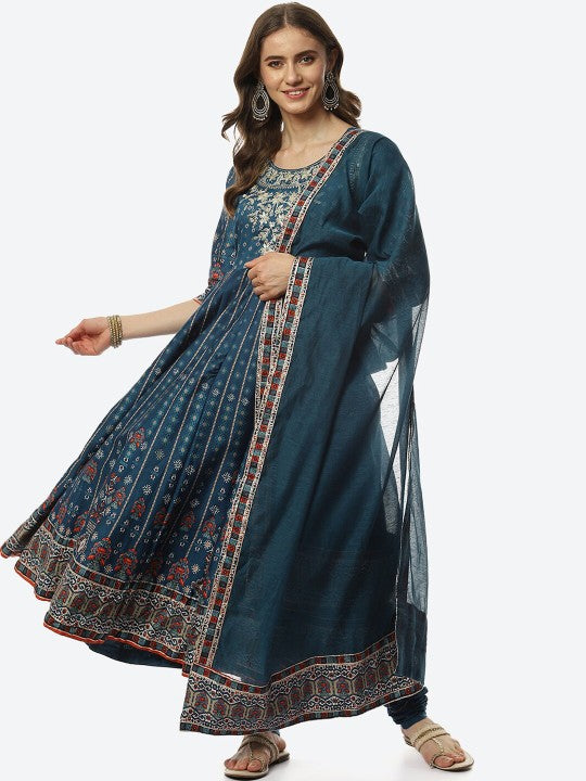 Biba Women Teal Printed Thread Work Kurta with Trousers & With Dupatta