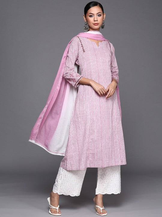 Biba Women Pink & White Striped Kurta with Palazzos & Dupatta