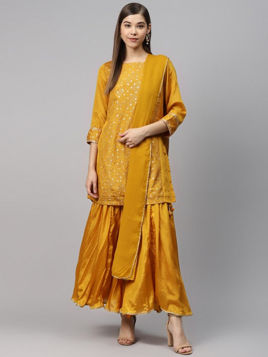 Biba Women Mustard Yellow Embroidered Kurti with Sharara & Dupatta