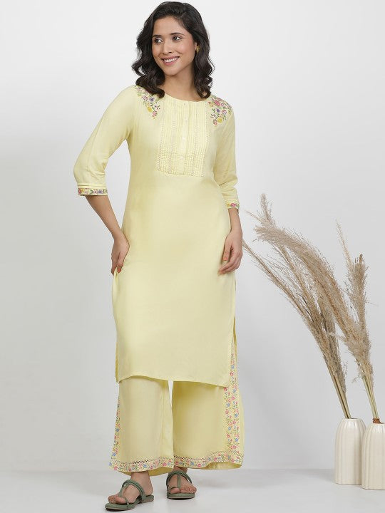 W Floral Embroidered Regular Thread Work Kurta with Trousers