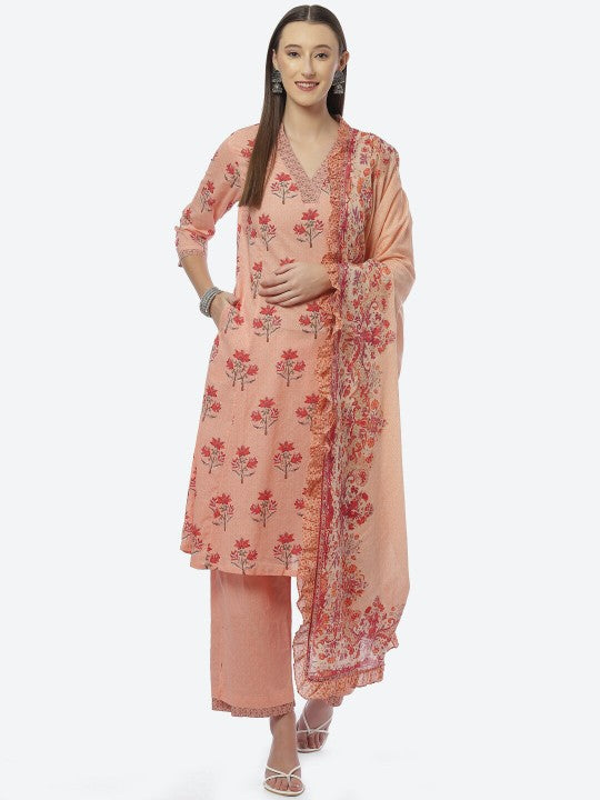 Biba Women Plus Size Peach-Coloured Floral Printed Kurta with Palazzos & Dupatta