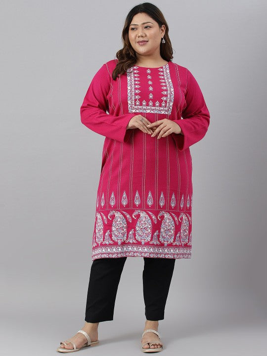 W Plus Size Round Neck Ethnic Motifs Printed Acrylic Kurta