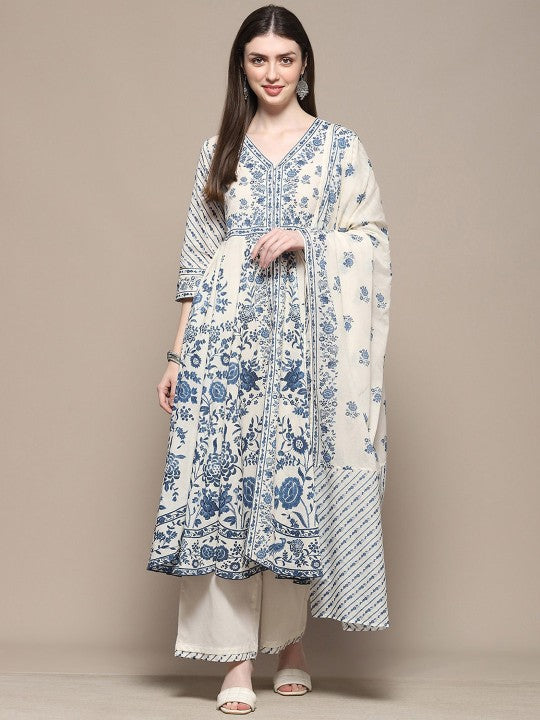 Biba Floral Printed Pure Cotton Anarkali Kurta & Palazzo With Dupatta