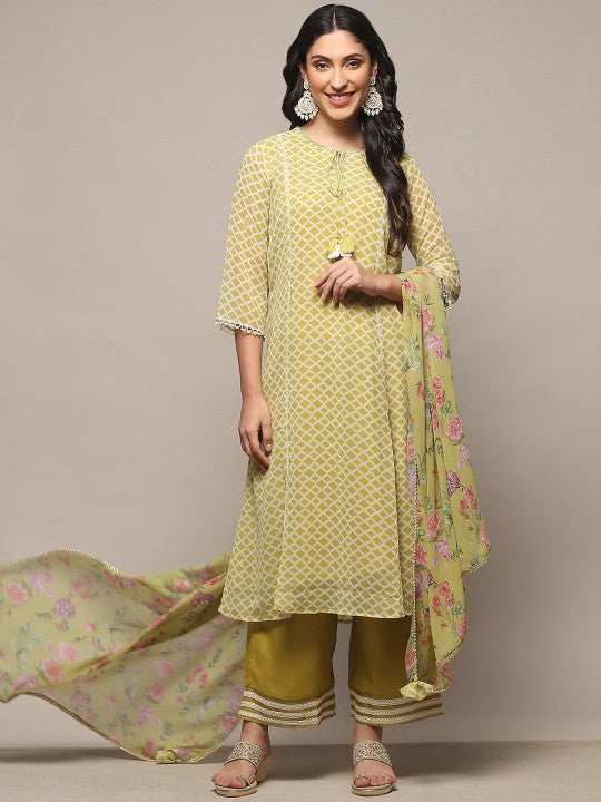 Biba Tie-Up Neck Geometric Printed Kurta With Palazzo & Dupatta