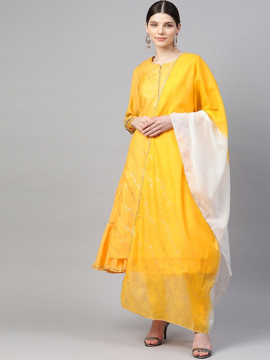 Biba Women Yellow & White Printed Layered Kurta with Churidar & Dupatta